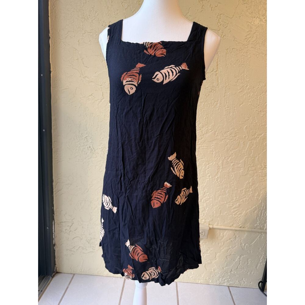 Peppermint Bay Rayon Dress Medium Black Fish Skeleton‎ Print Sleeveless Beach